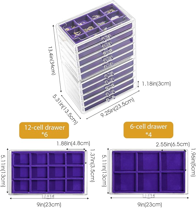 ProCase Earring Holder Organizer Jewelry Box with 10 Drawers, Acrylic Clear Earring Case with Adjustable Velvet Trays for Wom