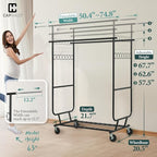 CAPHAUS Heavy Duty Clothes Rack with Double Rods, 660LBS Capacity Rolling Clothing Rack for Hanging Clothes, Adjustable Metal