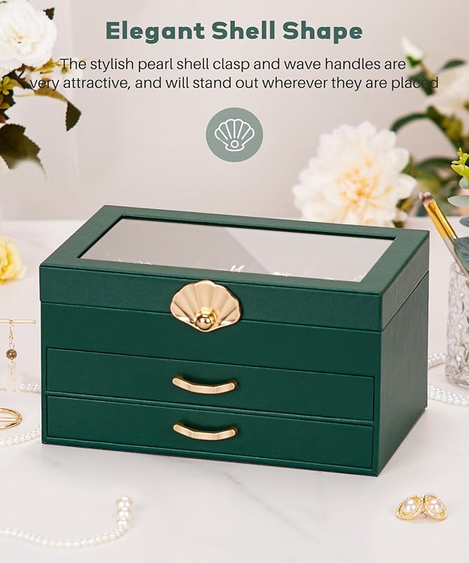 Enthralite Jewelry Box with 2 Drawers: Display Organizer for Earrings Necklaces - Christmas Gifts for Girls Women (Forest Gre