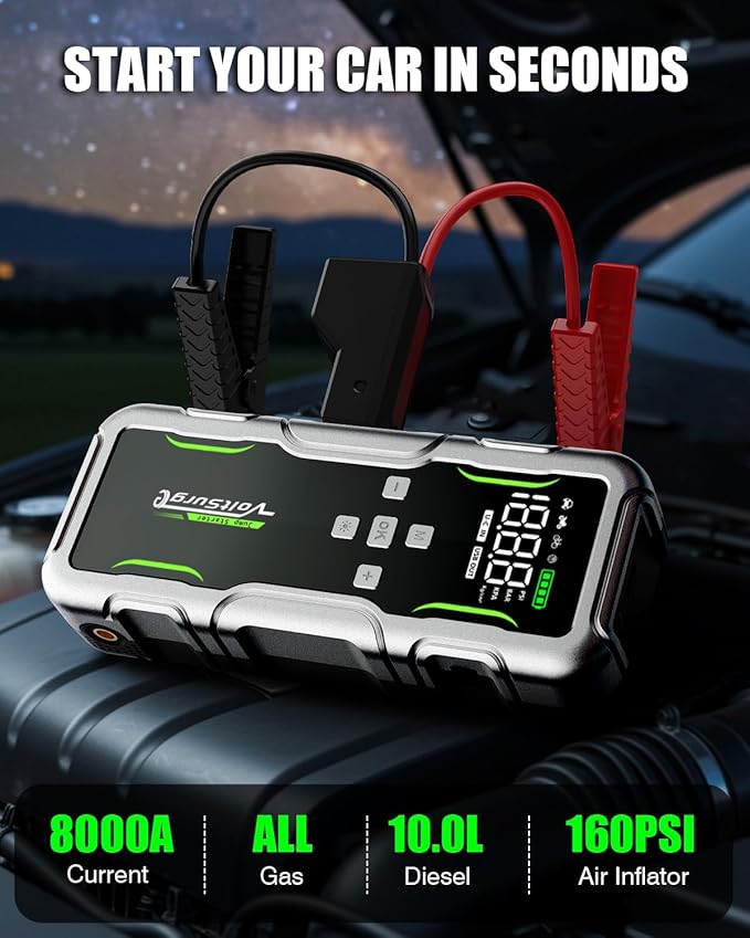 8000A Jump Starter with Air Compressor, 12V Portable Battery Jumper Starter Pack(All Gas/10.0L Diesel) for Car, Jump Box
