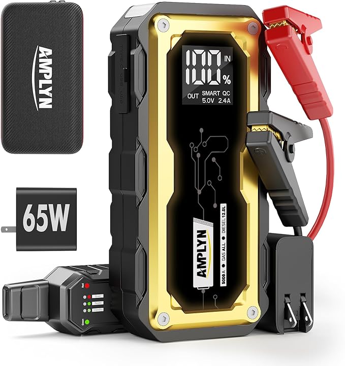 5000A Jump Starter,24000mAh Portable Jump Starter with 65W Quick Charger Battery Pack,12V Car Battery Jump Starter,LED Display,(All Gas 12L Diesel Engine) with Booster,LED Light,Jumper Cables