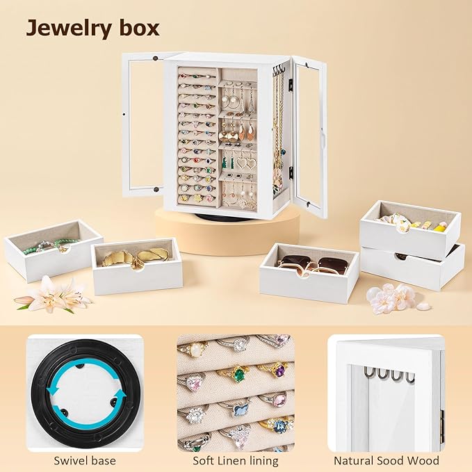 Emfogo 360° Rotating Jewelry Box for Women, Vintage Wooden Large Jewelry Organizer with 5 Drawers, Glass Doors, Vertical Open