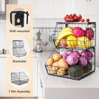 Wawocs 2 Tier Stackable Wall Mounted Hanging Basket, Fruit Basket for Kitchen Counter, Storage Bin with Wood Lid, Onion Stora
