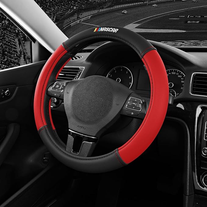 NASCAR Steering Wheel Cover, Two-Tone Red Leather Patchwork, Universal Fit 14.5"-15.5" Steering Covers for Cars, Anti-Slip, S