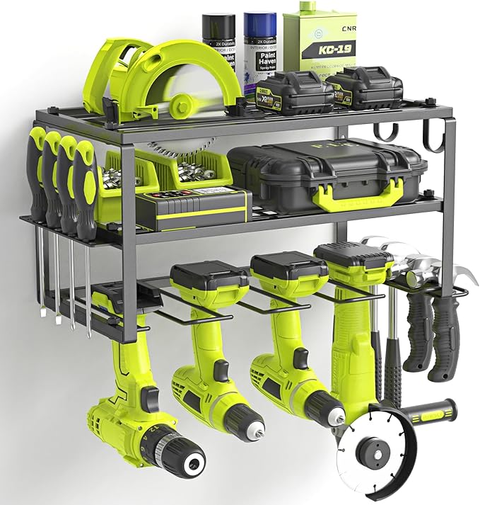 SUNALLY Power Tool Organizer, Heavy Duty Iron, 3 Layers Storage Rack with 4 Drill Holders, Floating Tool Shelf Wall Mounted, 