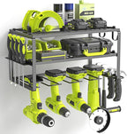 SUNALLY Power Tool Organizer, Heavy Duty Iron, 3 Layers Storage Rack with 4 Drill Holders, Floating Tool Shelf Wall Mounted, 