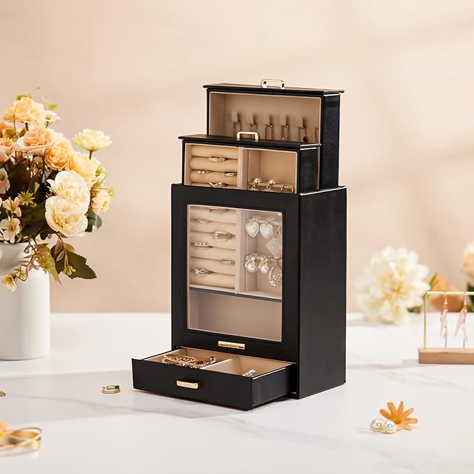 Homde Jewelry Organizer Girls Women Jewelry Box for Necklaces Rings Earrings Gift Bracelets Storage Case (Black + Gold)
