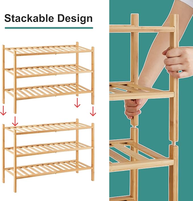 viewcare 6-Tier Bamboo Shoe Rack for Entryway, Stackable | Foldable | Natural, Shoe Organizer for Hallway Closet, Free Standi