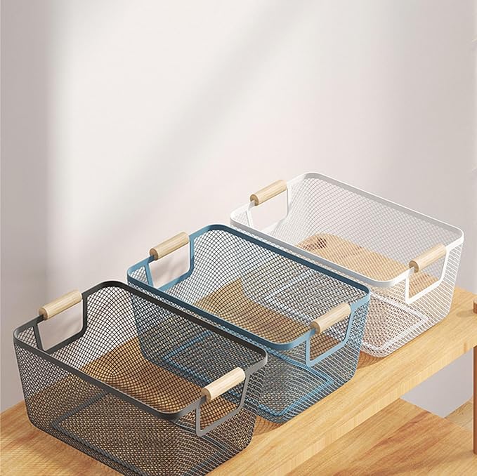 AJIODA Metal Mesh Steel Basket, Large Wire Storage Organizer Basket Multi-function Hanging Kitchen Baskets with Wood Handle f
