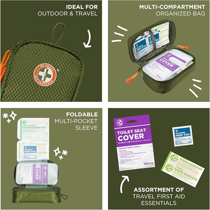 Be Smart Get Prepared's 125 Pieces Travel First aid kit, Carry-on Travel Essentials– PPE, Camping, Hiking, Road Trips, On-The