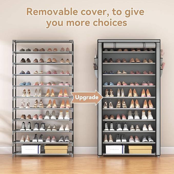 ROJASOP Shoe Rack with Covers, Stackable 10 Tier Tall Shoe Shelf Storage 50-55 Pairs Shoes and Boots Large Capacity Vertical 