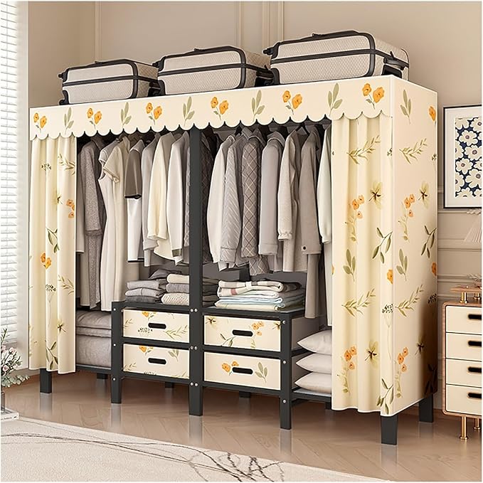 Foldable Portable Wardrobe Closet with Cover, Metal Garment Rack, Clothing Rack for Hanging Clothes, One-Piece Folding Base, 