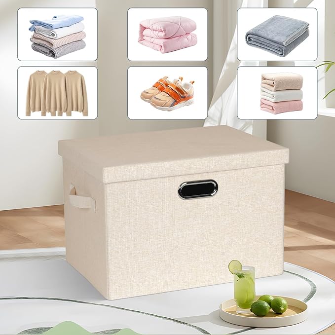 Graciadeco Large 17" 36 Quart Collapsible Stackable Storage Bins with Lids, 3 Packs Light Orange Linen Fabric Closet Boxes wi