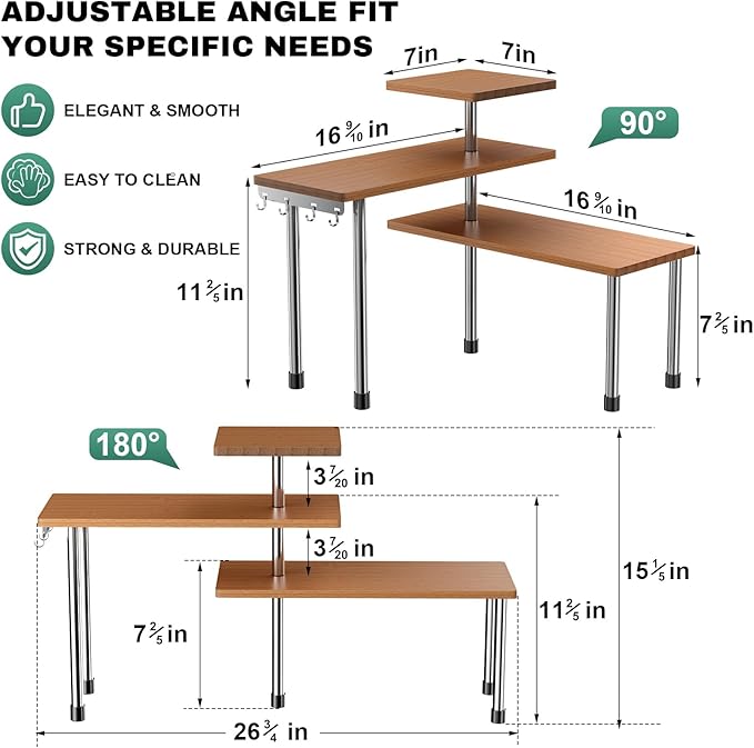 ZHWS Bathroom Counter Organizer Corner Countertop Shelf Adjustable 3 Tier Corner Shelf Kitchen Counter Organizer with 4 Metal