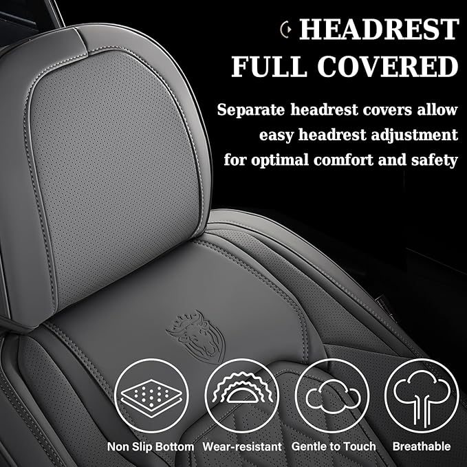 Coverado Car Seat Covers Full Set, Luxury Faux Leather Seat Covers for Cars, Waterproof Car Seat Protector, Gray Car Seat Cov