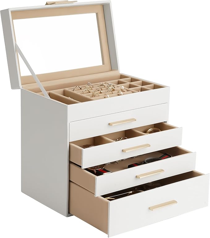 Somduy Jewelry Box, 5 Layers Jewelry Storage Display Box with Glass Lid for Women, 4 Drawers,Large Capacity for Necklace Earr