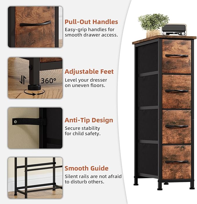 Somdot Narrow Dresser with 4 Drawers, Slim Storage Organizer Chest of Drawers with Removable Fabric Drawers for Small Spaces 