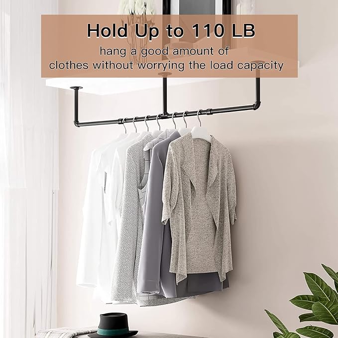 Clothes Hanger Pole Wall Mount, 72" Heavy Duty Detachable Black Iron Garment Bar Hanging Rod Holder, Clothes Rail Shelf Wardr
