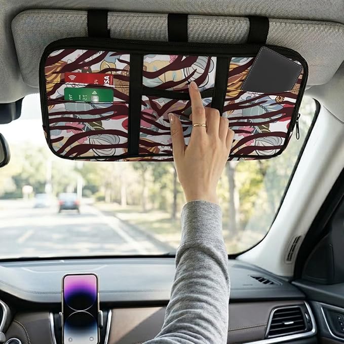 Floral Zippered Auto Drive Car Sun Visor Organizer with Picture Holder Multitool Storage Pouch Tactical with Elastic Bands and Pockets Easy Installation Universal Fit for Most Cars SUV