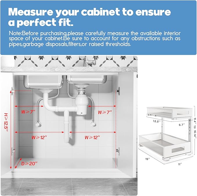 1 Pack 19IN Depth Under Sink Storage Organizer, Large 2-Tier Elegant Mesh Pull Out Shelf for Kitchen and Bathroom Cabinet Org