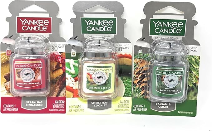 Yankee Candle Car Jar Ultimate Hanging Air Freshener, 3-Pack Set (Sparkling Cinnamon, Christmas Cookie, Balsam & Cedar) – Up 