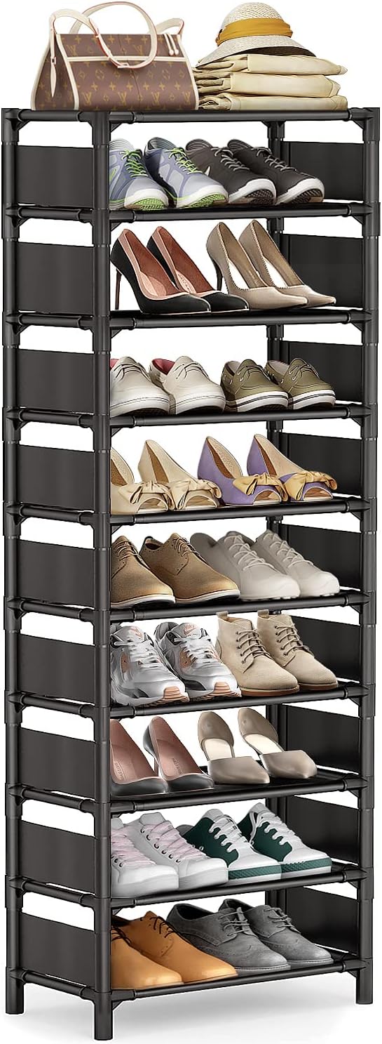 Shoe Rack - 10 Tiers Shoe Organizer with Detachable Fabric Shelves & Metal Frame, Up to 20-25 Pairs Narrow Tall Shoe Rack for