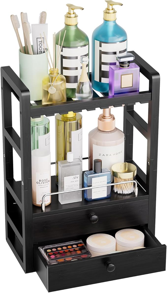 AmazerBath Bamboo Bathroom Countertop Organizer, 2-Tier Makeup Organizer with 2 Drawers, Vanity Organizer Storage Coffee Matc