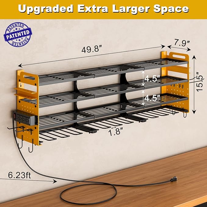 12 Cordless Drill Holder Large Power Tool Organizer Wall Mount with Side Pegboard & Screwdriver Holder, 4-Tier Heavy Duty Met