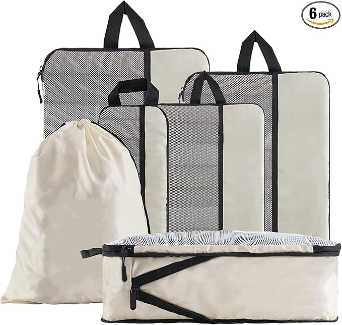 U+U 6 Set Compression Packing Cubes - Ultralight Cream Travel Organizers with Laundry Bag, Space-Saving Suitcase Organizer, E
