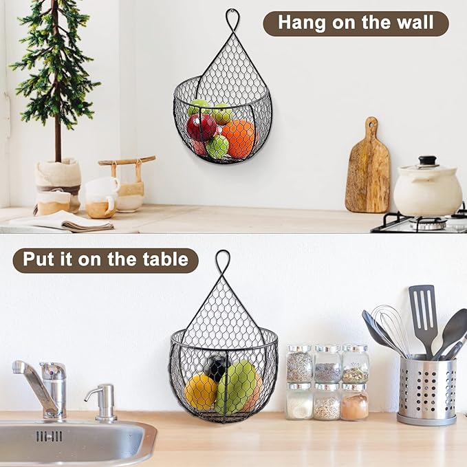 ERYTLLY Metal Fruit And Vegetable Storage Hanging Basket Wall Mounted, Hanging Basket For Kitchen Black Wire Baskets for Flow