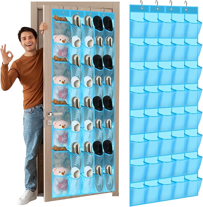 Windyun 40 over the Door Shoe Organizer Large Mesh Pocket Hanging Shoe Rack for Closet Sky Blue Nonslip Behind Door Storage H