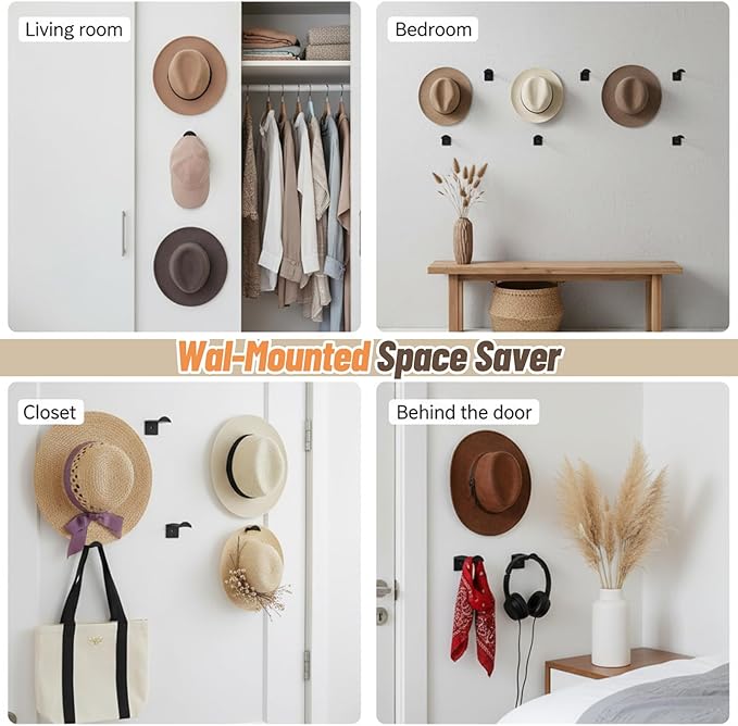 20 Pack Hat Hooks for Wall, 2.8‘’ Strong Adhesive Cowboy Hat Rack with Anti-Slip Teeth, Suitable Sun Hats, Fedora, Wide Brim 