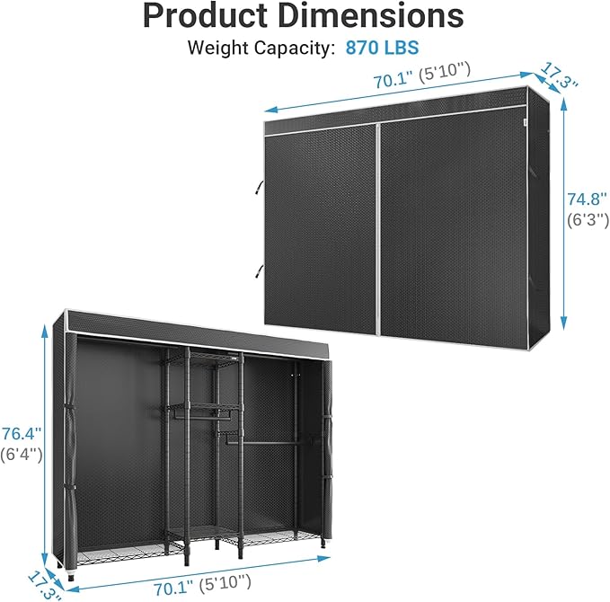 VIPEK Classic V6C Heavy Duty 5 Tiers Wire Garment Rack Large Size Wardrobe Closet Black Metal Clothing Rack with Black Oxford