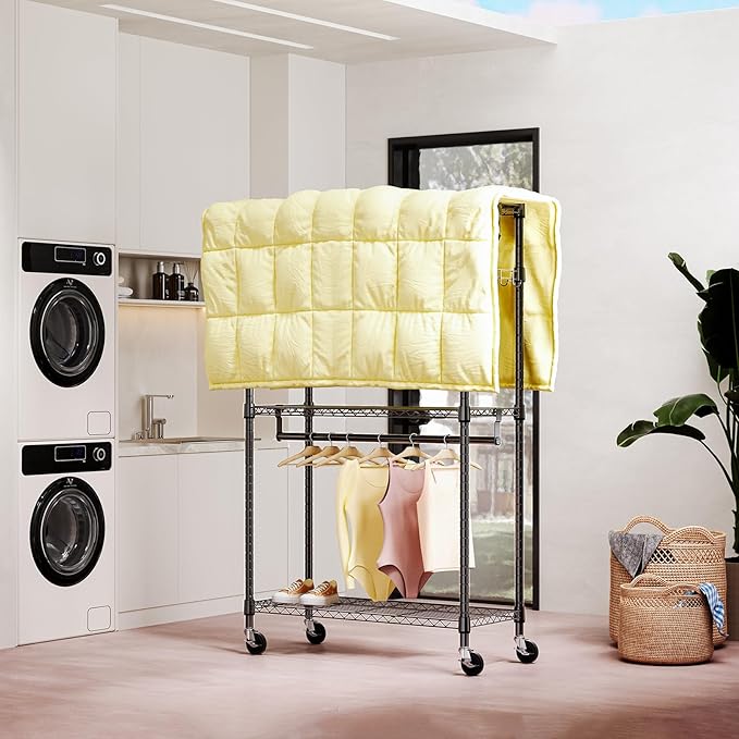 M MZG Heavy Duty Rolling Garment Rack 3 Tiers Adjustable Wire Shelving Clothes Rack with 2 Rods and Side Hooks,Storage Closet