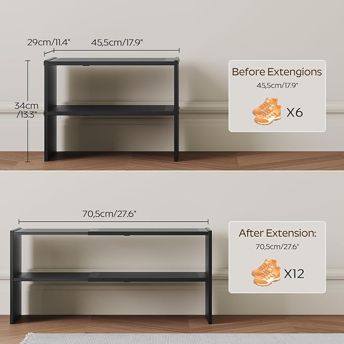 YATINEY Expandable Shoe Rack, 2-Tier Adjustable Entryway Shoe Organizer, Stackable Closet Shoe Rack for Small Space, Compact 