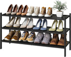kiplant Black Long Shoe Rack, 3-Tier Bamboo Wood Shoe Rack for Entryway, Stackable | Foldable | Natural, Shoe Organizer for H