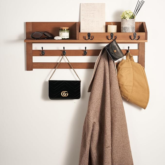 Coat Rack Wall Mount with Shelf - Wooden Entryway Organizer for Hanging Coats, Keys, Hangers - Space Saving Durable Wood Hold