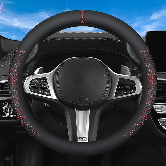 Car Leather Steering Wheel Cover - Panapi Material, Universal 14.5-15 Inch Leather Anti-Slip Breathable Auto Steering Wheel C