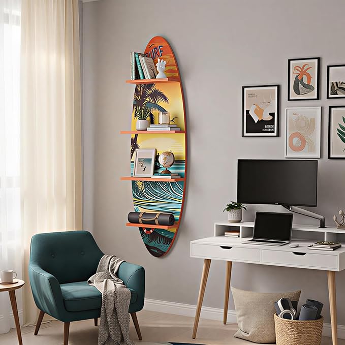 Creative Surfboard Wall Shelf for Wall Decor & Storage, Vertical Floating Shelf, Decorative Beach Style Lack Wall Shelves