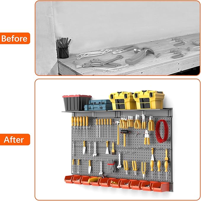 TORACK Metal Pegboard with Peg Board Hooks, Tools Storage Pegboard with Pegboard Hooks, Wall Mounted Storage Bins, Shelves, T