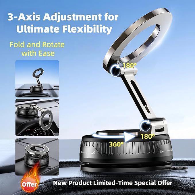 2026 Upgraded Magnetic Car Phone Mount for MagSafe: 360° Rotatable Adjustable Holder with 180+LBS Strong Suction Cup & 4200gf Magnet, Compatible with iPhone Series & Android Devices, Black