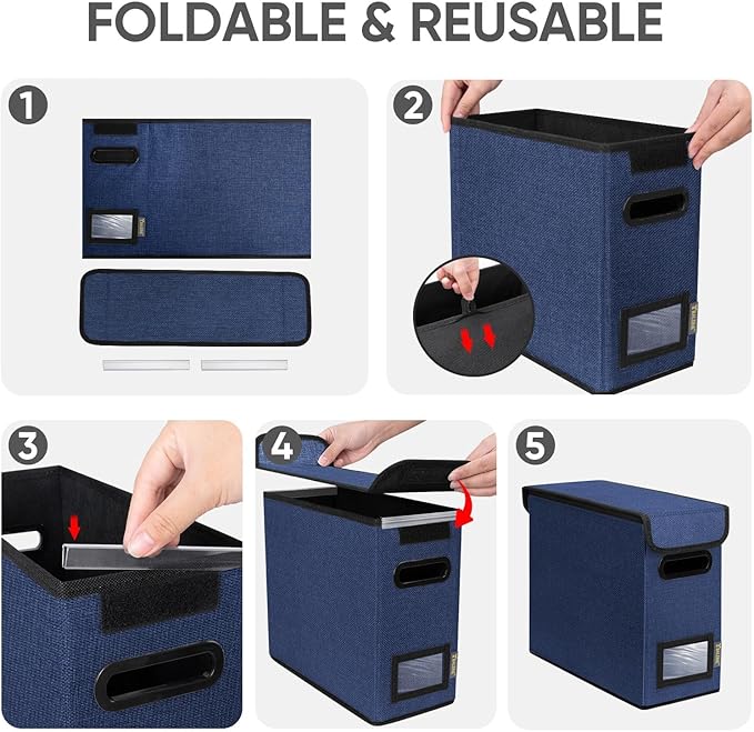 BALEINE File Organizer Box with Lid, Collapsible File Folder Organizer with Plastic Slide, Hanging File Folder Box for Office