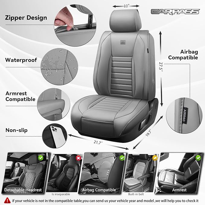 CAR PASS Nappa Leather Car Seat Covers Front Seats, Luxury Seat Protector for Cars, Waterproof Anti-Slip Seat Cushion Airbag 