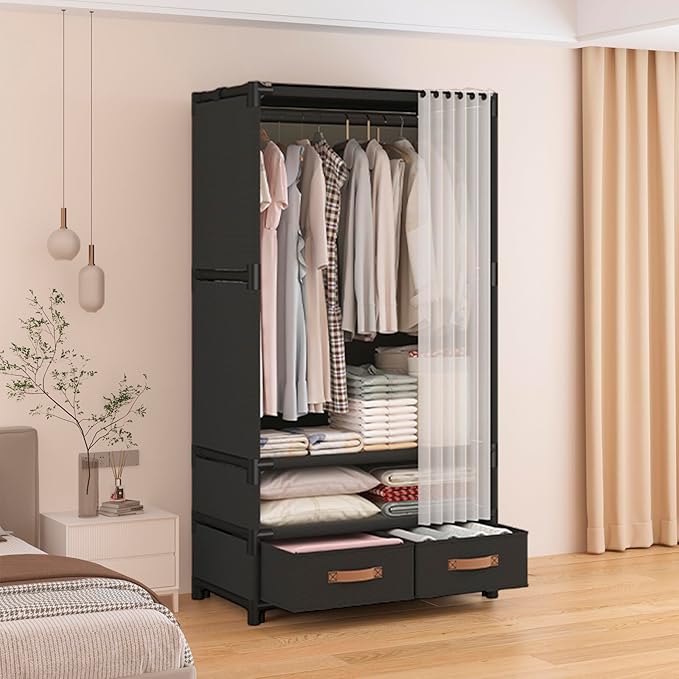 Portable Closet,Portable Closets for Hanging Clothes,Japanese Style Wardrobe Clothing Rack with 2 Drawers,1 Hanging Rods and 
