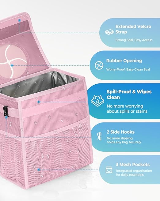 Corduroy Car Trash Can with Lid and Mesh Pockets - Leakproof Organizer,Multipurpose Waterproof Garbage Can/Trash Bin for Car(Light Pink-2 Gallons)