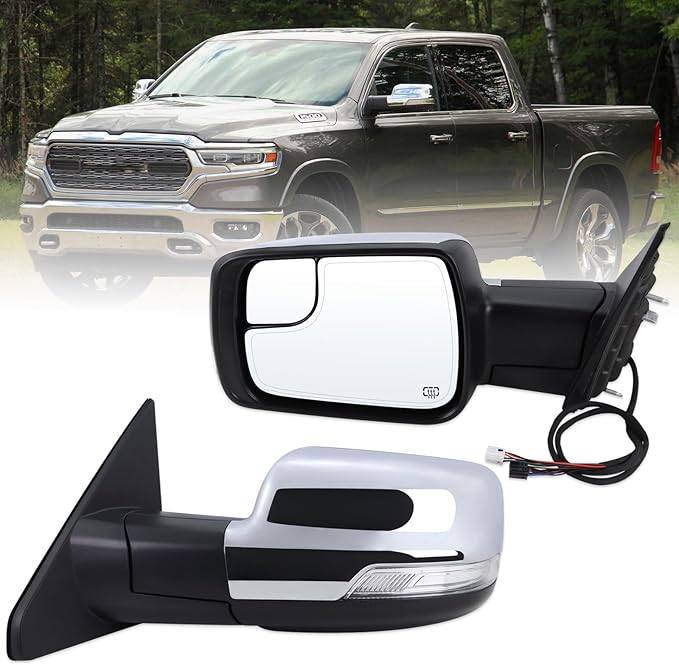 Left Driver Side Mirror Compatible With 2019 2020 2021 2022 2023 2024 2025 2026 Ram 1500 With Power Folding Heated Turn Signal Puddle Light Temperature Sensor Chrome Replace#68462769AB(8+6Pins)