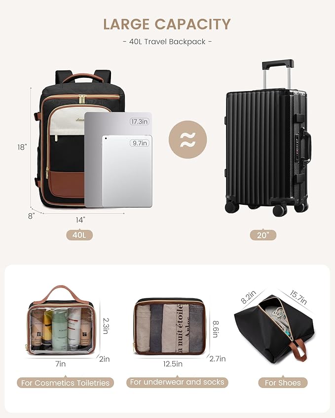 LOVEVOOK 40L Travel Backpack Carry on Flight Approved,Personal Item Bag with 3 Packing Cubes, Travel Backpack Bag for Women F