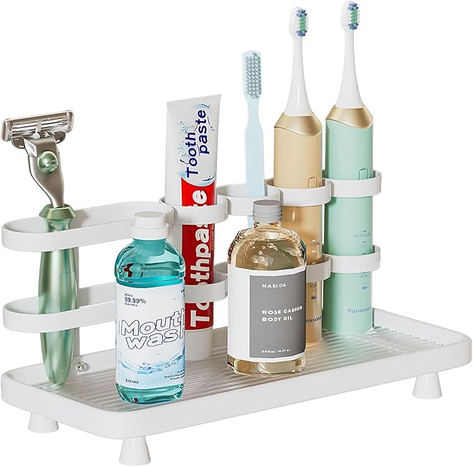 YOOLENS Electric Toothbrush Holder for Bathroom Countertop 5 Metal Slots Toothpaste Razor Mouthwash Organizer, White