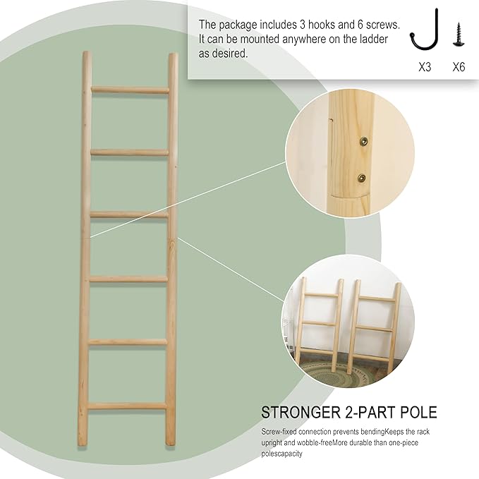 Wooden Blanket Ladder - 76in Natural & Motley Wood - Leaning Wall Decor for Bedroom, Bathroom, Living Room - Rustic Quilt Hol