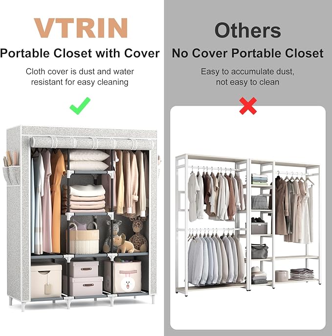 VTRIN Portable Closet Wardrobe for Hanging Clothes with 2 Hanging Rods and 8 Storage Organizer Shelves,Free Standing Clothes 